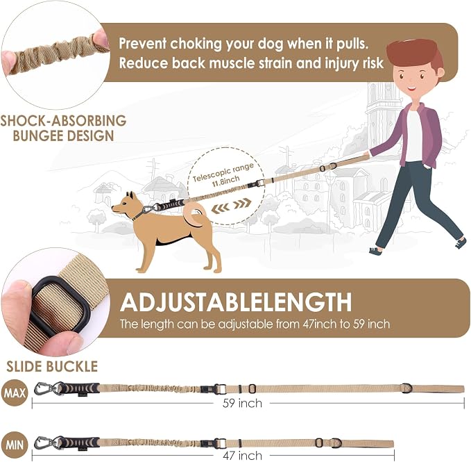 Hotsky Tactical Dog Leash Heavy Duty for Medium Large Dogs that Pull,4-6Ft Strong Bungee Shock Absorbing No Pull Dog Leash with Padded Double Handle and Car Seatbelt,Khaki