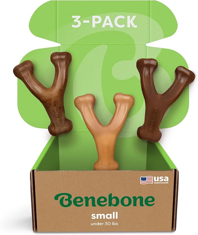 Benebone 3-Pack Wishbone Durable Dog Chew Toy for Aggressive Chewers, Variety Pack-Bacon, Chicken, Peanut Made in USA, Small