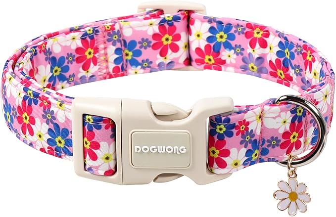 DOGWONG Purple Flower Dog Collar- Cute Daisy Flower Dog Collars Adjustable Girl Female Puppy Dog Collar for Small Medium Large Dogs, L