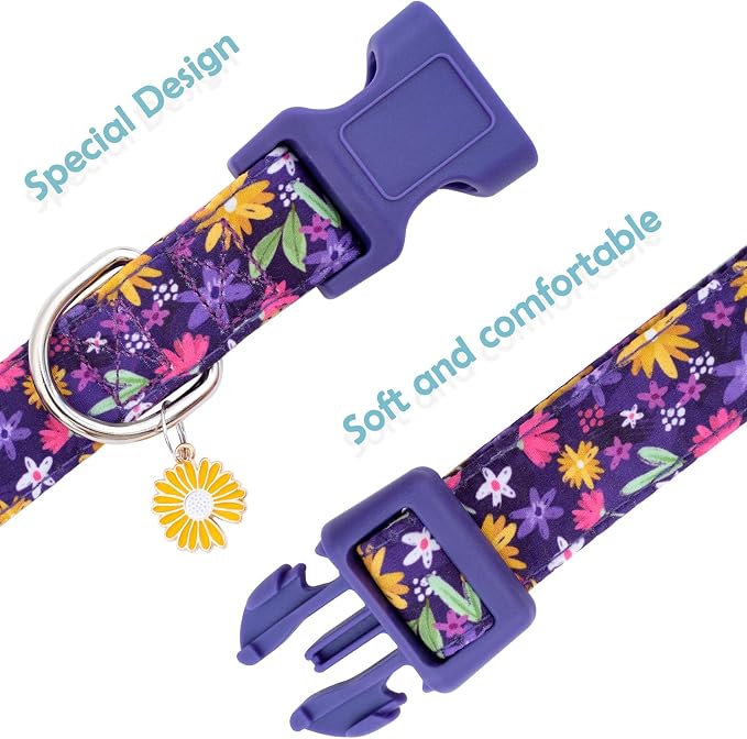 Faygarsle Cotton Dog Collar Cute Dog Collars for Small Medium Large Dogs Purple Yellow Floral Colored Options Soft and Fancy Pet Collars for Girls Flower Pattern for Girl Dog Collar L