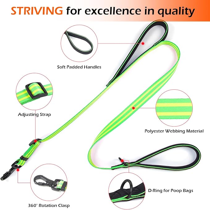 Double Handle Dog Leash for Large Dogs, Heavy Duty Adjustable Leash with Soft Padded Handles, Traffic Control Training Lead for Walking, Running (Green & Yellow Stripe, 6 ft)