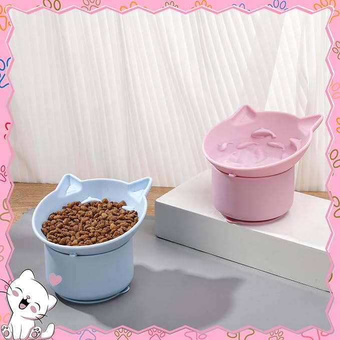2 Pack Slow Feeder Cat Bowls Silicone Tilted Raised Pet Bowl with Non Slip Base for Digestion Anti Vomit, Pink, Blue