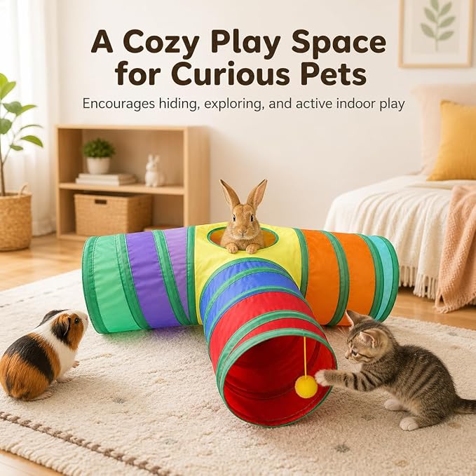 Rabbit Tunnel Collapsible 3 Way Tunnels and Tubes with Interactive Ball Bunny Hideout - Small Animal Activity Tunnel Toys for Dwarf Rabbit, Guinea Pig, Kitty