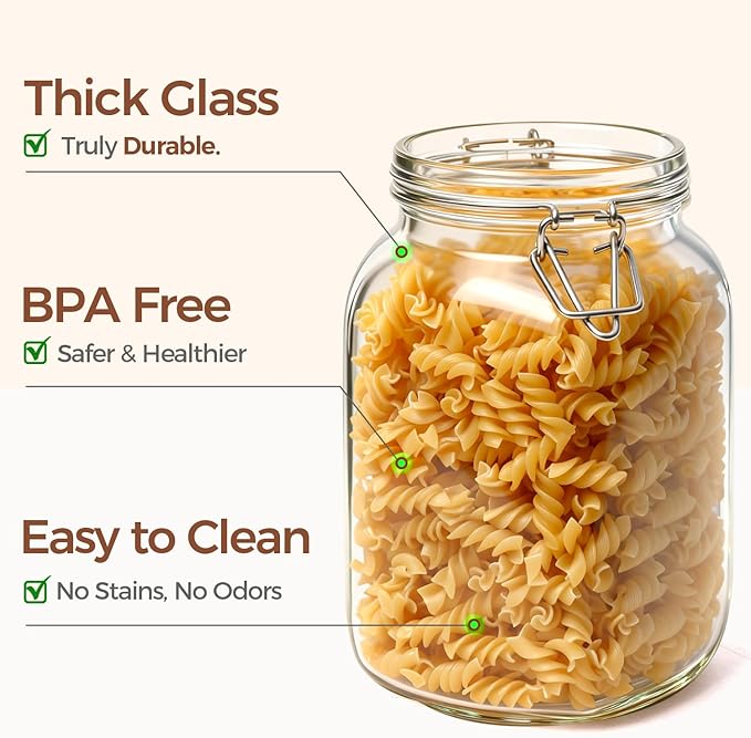 ComSaf Set of 3 Square Glass Jars with Airtight Lids (51 Oz) — Wire Clamp Canisters for Small-Batch Pickling, Kimchi, Bulk Dry Food, Wide Mouth Space Saving Kitchen Pantry Organization Jars
