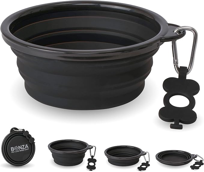 Bonza Collapsible Dog Bowls - X-Large 50 oz, Dog Travel Accessories, Silicone Portable Dogs Bowl & Water Dish with Reinforced Rim & Carabiner for Hiking, Camping, and Car Trips, Black