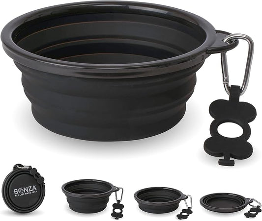 Bonza Collapsible Dog Bowls - X-Large 50 oz, Dog Travel Accessories, Silicone Portable Dogs Bowl & Water Dish with Reinforced Rim & Carabiner for Hiking, Camping, and Car Trips, Black