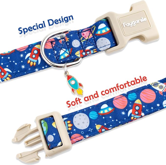 Faygarsle Space Theme Dog Collar, Navy Blue with Rockets and Planets Pattern for Summer Small Medium Large Dogs M