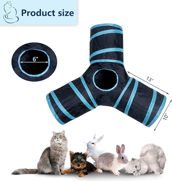 3 Way Cat Tunnel Collapsible Fun Pet Play Tube Toys for Cats, Kittens, Puppies & Rabbits - Portable Tunnel with Hanging Ball for Indoor Play, Hideout & Exercise