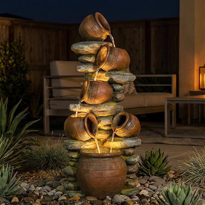 60" H Large Outdoor Water Fountain, 5-Tier Cascading Waterfall Fountain Feature with LED Lights, Rustic Crock Garden Water Feature for Patio, Backyard, Porch, Indoor & Outdoor Décor