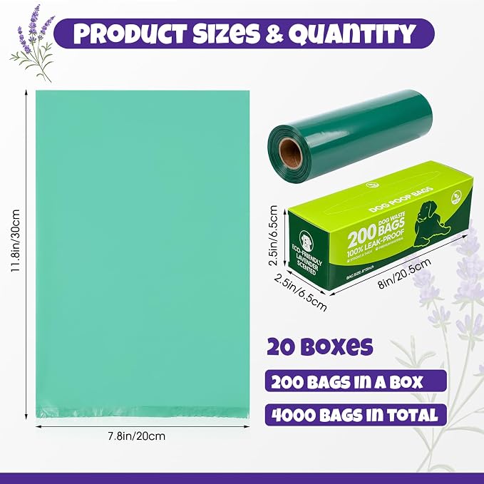 Sherr 20 Boxed Rolls 4000 Counts Lavender Scented Dog Poop Bag Bulk Leak Proof Dog Waste Bags Doggy Poop Bags Pet Waste Bag for Puppy Pets Outdoor Walking and Travel