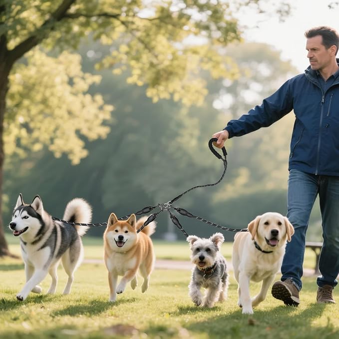 4 Way Dog Leashes,No Tangle Medium Small Dog Walking Leash,Nylon Pet Leash for 1 to 4 Dogs Outdoor Walking (Black)