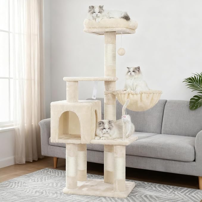 Heybly Cat Tree with Toy, Cat Tower condo for Indoor Cats, Cat House with Padded Plush Perch, Cozy Hammock and Sisal Scratching Posts, Beige HCT004SM