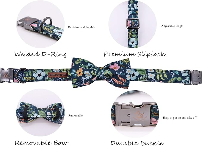 Elegant little tail Dog Collar with Bow, Flower Pattern Soft Comfy Bowtie Dog Collar Adjustable Pet Gift Collars for Small Medium Large Dogs