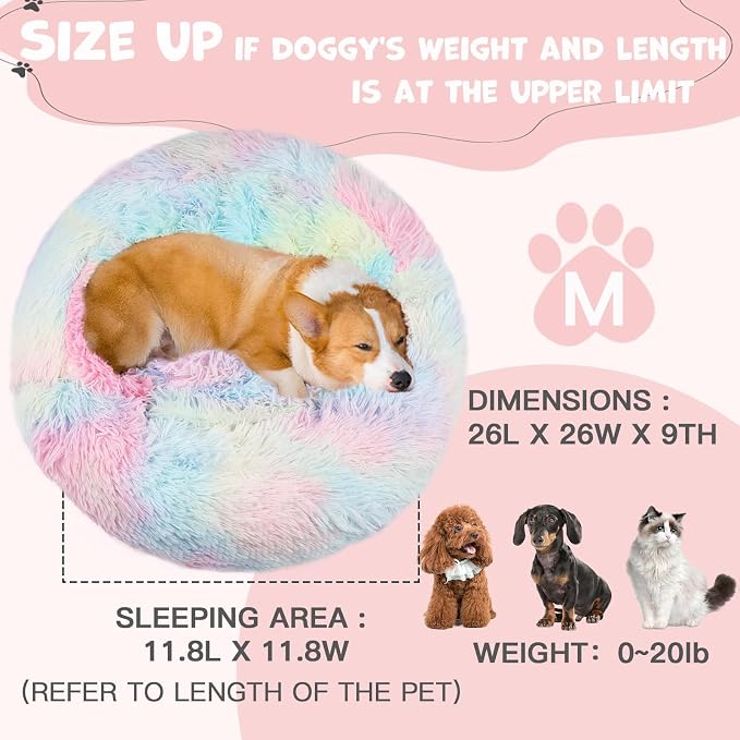 Himax Medium Dog Bed Washable, Round Dogs Beds with Blanket Attached, Calming Dog Bed, Multi-Colored (20"/26"/35")