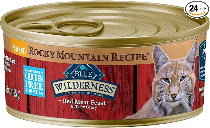 Blue Buffalo Wilderness Rocky Mountain Recipe Flaked Wet Cat Food, Chicken-Free & Grain-Free Recipe, Made with Natural Ingredients, Red Meat in Tasty Gravy, 5.5-oz. Cans (24 Count)
