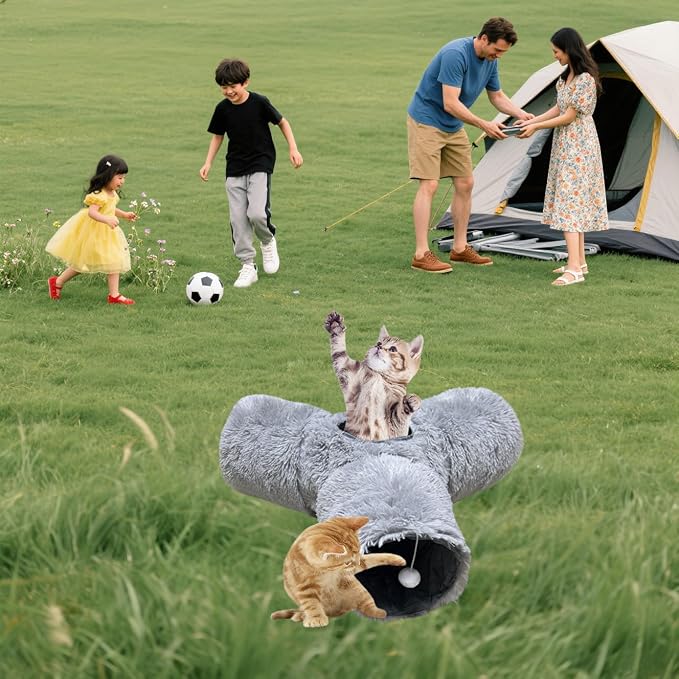 3-Way Collapsible Cat Tunnel Tube Toy Grey Plush — Interactive Play Tunnel with Hanging Ball & Peek Hole for Indoor Cats, Kittens, Puppies & Rabbits | Hours of Fun & Exercise