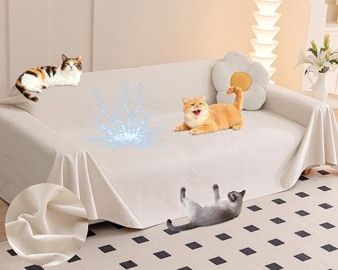 Loiion Velvet Sofa Cover, Ultra Soft Waterproof Non-Slip Couch Cover for Pets, Cat-Scratch Resistant Couch Cover, Pet & Kid Proof Scratch & Hair Resistant Washable Furniture Protector 118"X71" Beige