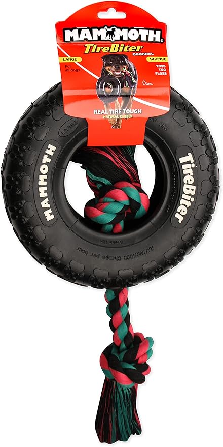 Mammoth TireBiter Originals with Cotton-Poly Rope – Natural Rubber Dog Toys – Dog Toys for Extra Long Interactive Play – Strong Chewer Toys for All Dog Breeds - Large, 10”