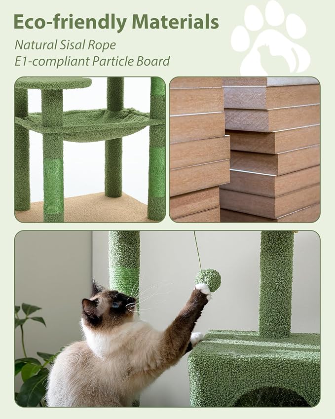 MUTTROS Cactus Cat Tree for Large Cats with Metal Plush Big Hammock, 56.3" Cat Tower for Indoor Cats with 2 Door Condo House, 6-Tier Cat Shelves with Scratching Posts and Large Top Perch,Green