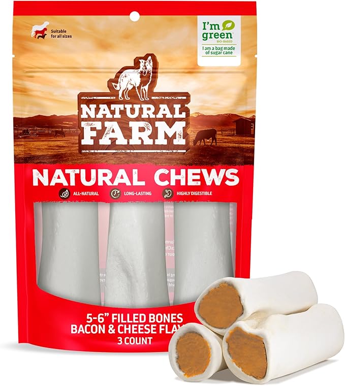 Natural Farm Filled Dog Bones, Bacon & Cheese Flavor (5-6 Inch, 3 Pack), Limited Ingredient Stuffed Dental Dog Bone Treats for Large Dogs