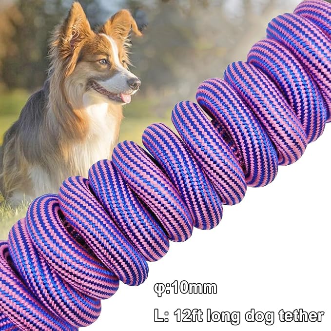 BTINESFUL 8ft 12ft 20ft 30ft 50ft 75ft Dog Tie Out Long Tether Rope Leash, Outdoor Yard Leash, Large Medium Dogs Lead for Training, Playing, Camping, Backyard (Pink Blue, 12 Foot)