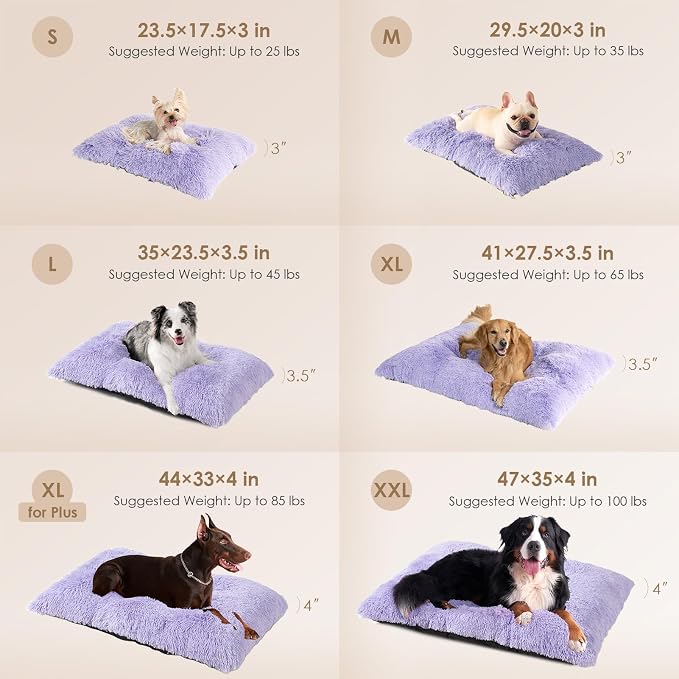 EHEYCIGA Fluffy Dog Crate Bed for Large Dogs, Plush Faux Fur Crate Pad, Calming Anti Anxiety Large Dog Bed, Washable Soft Warm Mat with Non-Slip Bottom, Purple