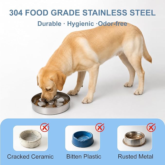 Kactoily Stainless Steel Slow Feeder Dog Bowl, 2.5-3 Cup Heavy Duty 304 Food-Grade Metal Maze Bowl, Non-Slip Base Slow Eating Feed Dish for Medium & Large Dogs