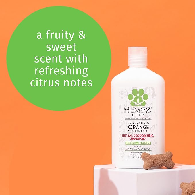Hempz Petz Dog Shampoo, Creamy Citrus Orange & Red Raspberry Herbal Deodorizing Cleanser, 17 oz.