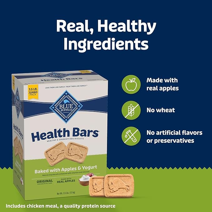 Blue Buffalo Health Bars Apples & Yogurt Crunchy Dog Biscuits, Oven-Baked with Real Apples & Natural Ingredients, Healthy Dog Treats with No Artificial Flavors or Preservatives, Jumbo Box 3.5 lbs.