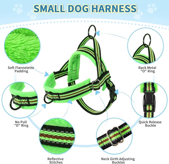 Lukovee Soft Padded Small Dog Harness (X-Small, Green) with 4ft Lightweight Leash, Adjustable Reflective Vest for Walking, Running, Hiking, Training
