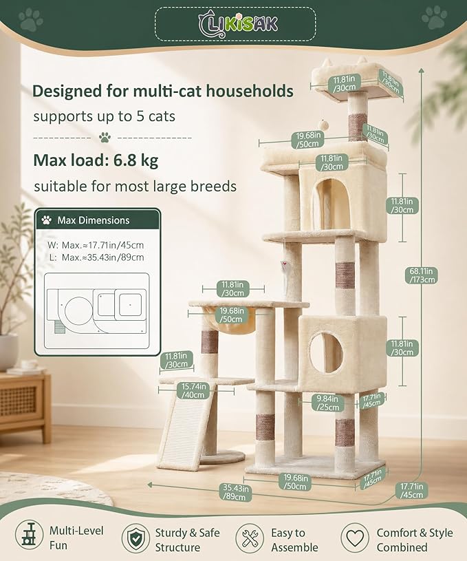 68 Inches Heavy Duty Cat Tree for Indoor Cat, Big Cat Tower with Sisal Scratching Posts and Top Perch, Large Platform for Adult Cats, PMT02BW, Beige