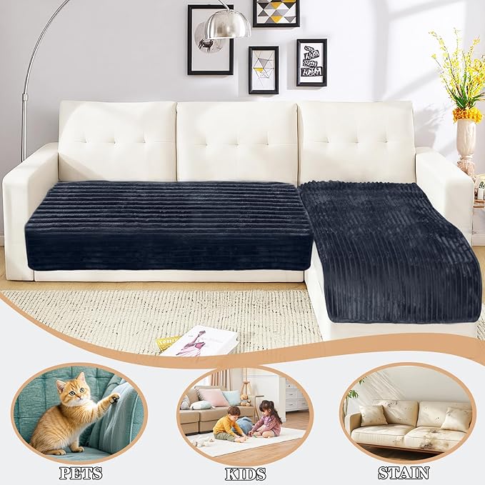 NAISI Couch Covers for Dogs Waterproof Flannel Striped Sofa Cover Pet Friendly Washable Dog Mat for Couch Anti Slip Sectional Sofa Slipcover Protector(2pcs/35"x63"+35"x70",Dark Navy)