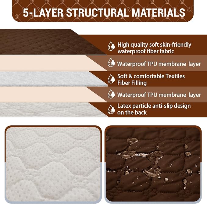 Waterproof Recliner Sofa Covers with Flipped Middle Backrest Washable Recliner Couch Covers Non-Slip with Elastic Straps Furniture Protector for Kid Dogs Pets (Brown)