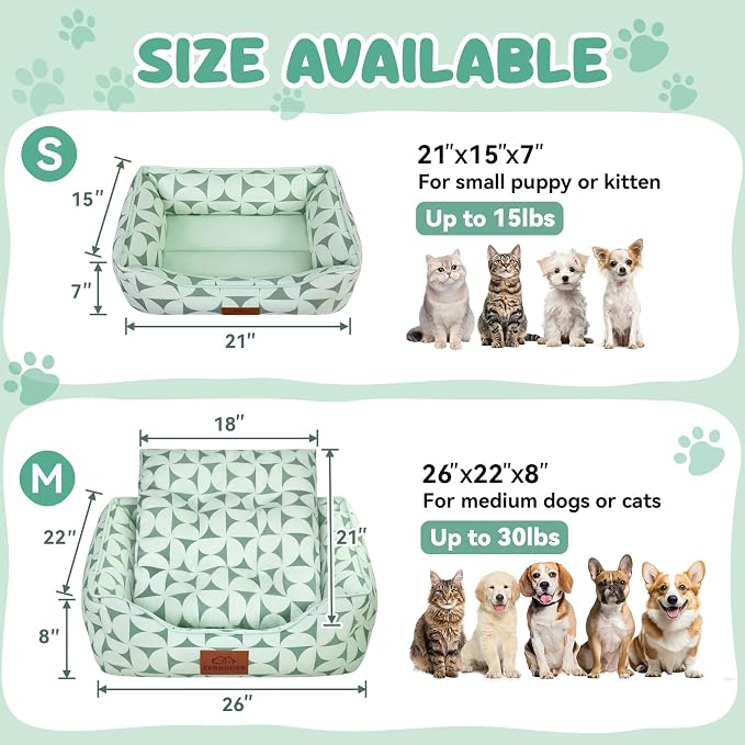 Zerbuger Rectangle Cat Dog Bed for Large Medium Small Pets Indoor Outdoor Machine Washable Sleeping Sofa Non-Slip Bottom Soft Puppy Bed Durable Orthopedic Calming Pet Cuddler (Small, Green Pattern)