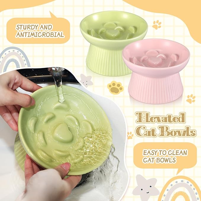 Layhit 2 Pack Raised Slow Feeder Cat Bowls Ceramic Elevated Cat Food Bowls Anti Vomiting Slow Feeder for Dog and Kitten for Dry and Wet Food(Green, Pink)