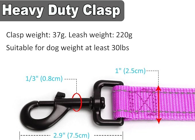 3 Handle Dog Leash, 10FT Triple Handle Dog Leash Heavy Duty with Reflective Stitching, Padded Traffic Handles for Training, Control & Safety- Purple