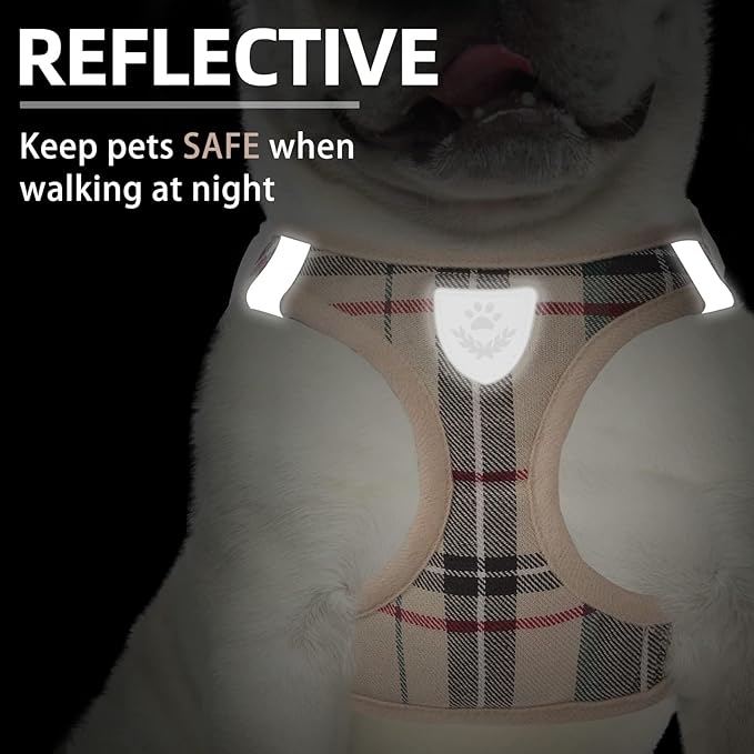 PUPTECK Adjustable Dog Harness Collar and Leash Set Step in No Pull Pet Harness for Small Medium Dogs Puppy and Cats Outdoor Walking Running, Soft Mesh Padded Reflective Vest Harnesses, Beige L