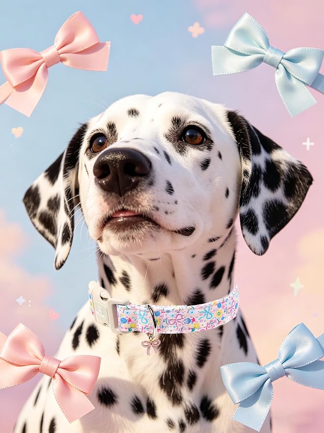Maca Bates Colorful Floral Dog Collar with Bow Charm for Large Girl Boy Dogs, Pink Flower Bows Pattern,Pretty Blossom Adjustable Durable Soft Flowers Collars Gift for Male Female Puppy