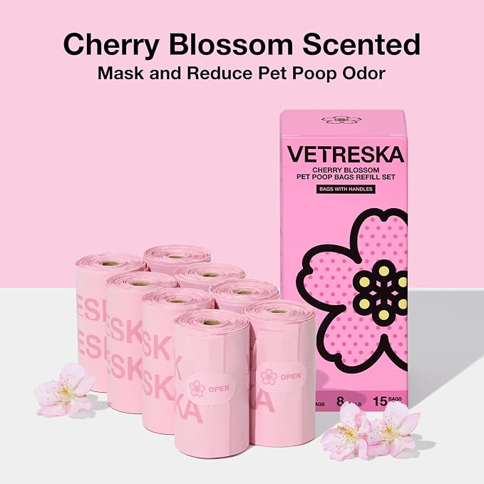 VETRESKA Dog Poop Bags with Handles 120 Count, Floral Scented Waste Bags, Leak-Proof Thick Dog Bags for Poop, Easy-Tie Large Poop Bags, 8 Refill Rolls for Dog Walking Cat Litter