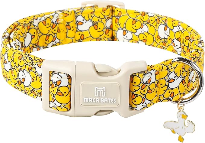Maca Bates Summer Cute Dog Collar with Yellow Duck Print for Extra Large Boy Gril Dogs,Spring and Summer Styles Durable,Soft,Thick,Adjustable Puppy Basic Collars for Male Female Pet with Safety Buckle