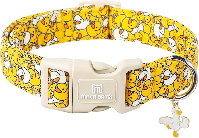 Maca Bates Summer Cute Dog Collar with Yellow Duck Print for Small Boy Gril Dogs,Spring and Summer Styles Durable,Soft,Thick,Adjustable Puppy Basic Collars for Male Female Pet with Safety Buckle
