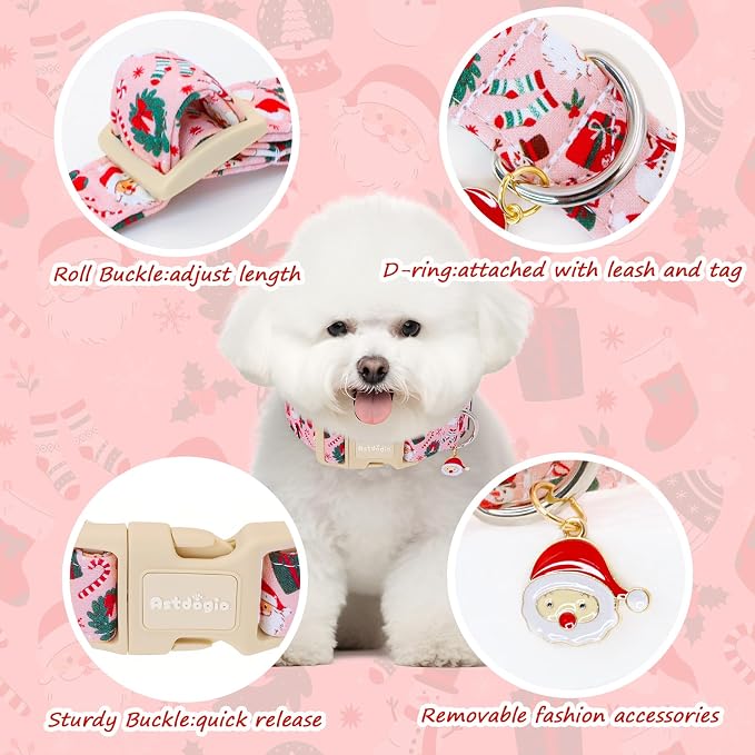 Christmas Dog Collar for Medium Dogs, Pink Cotton Medium Dog Collars with Santa & Snowman Patterrn, Adjustable Holiday Dog Collars, Cute Winter Collar for Girl Boy Dogs