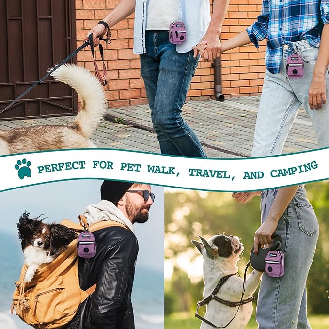 PetAmi Dog Poop Bag Holder for Leash, Dog Pet Waste Bag Dispenser For Poop with Clip for Doggie Puppy Walking Accessories Travel Camping, Dog Treat Pouch Supplies, Purple