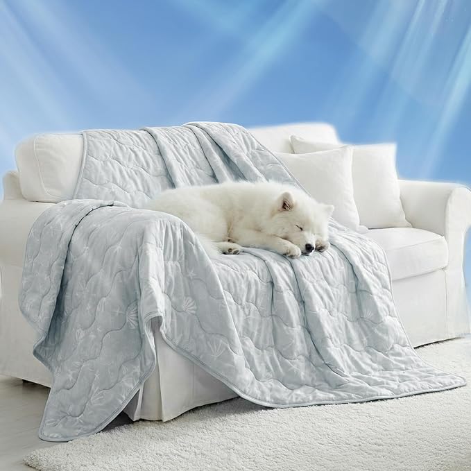 NWK Dog Cooling Blanket, Q-Max>0.345, Ice Silk Cool to Touch Material, Reversible Breathable Bed Cover, Furniture Protector Couch Sofa for Summer, Machine Washable (Misty Gray, 60'' X 80'')