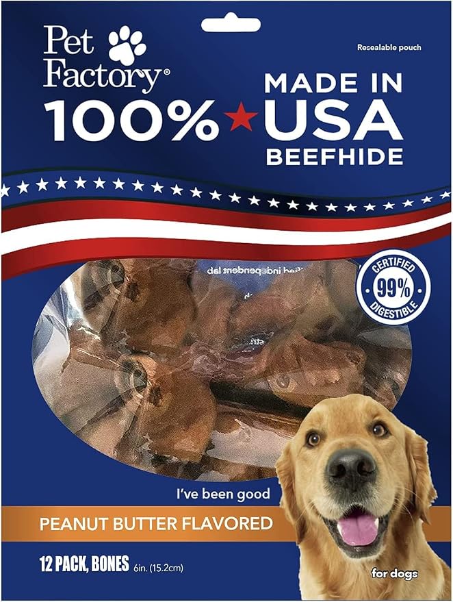 Pet Factory 100% Made in USA Beefhide 6" Knotted Bones Dog Chew Treats - Peanut Butter Flavor, 12 Count/1 Pack