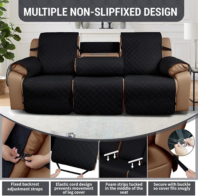 Waterproof Recliner Sofa Covers with Flipped Middle Backrest Washable Recliner Couch Covers Non-Slip with Elastic Straps Furniture Protector for Kid Dogs Pets (Black)