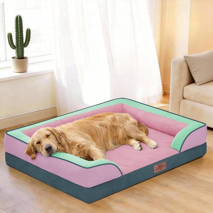 Comfort Expression Orthopedic Dog Bed for Large Dogs 36x27 Inch, Waterproof Egg Crate Foam Large Pet Bed with Bolsters, Dog Couch with Washable Cover & Non-Slip Bottom, Mint-Berry Dream