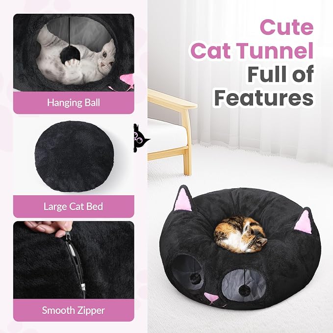 Cat Tunnel Bed for Indoor Cats, Peekaboo Cat Cave with Washable Soft Play Mat, Furry Cat Tube, for Kitten/Puppy/Rabbit, Kitten Series Black Pink