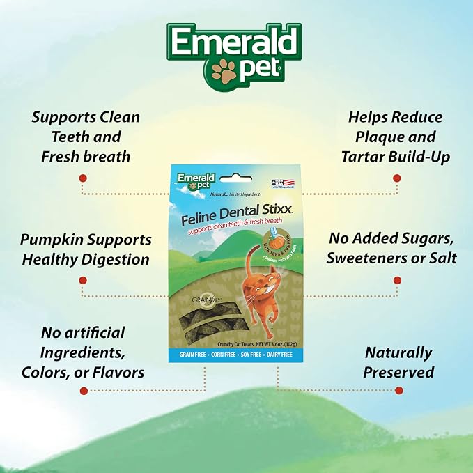 Emerald Pet Grain-Free Tuna Cat Dental Treats – Crunchy Dental Sticks for Cats to Clean Teeth, Reduce Plaque & Tartar, Freshen Breath – Pumpkin for Digestive Health, Natural Cat Chews, 3.6 oz