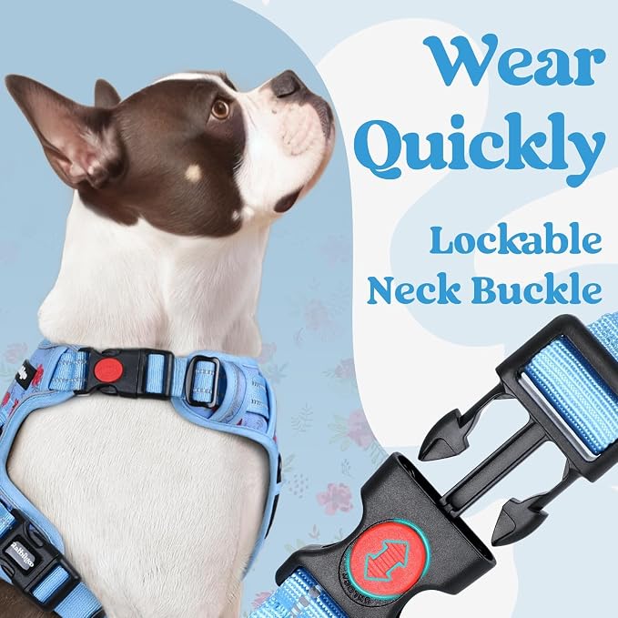 rabbitgoo Dog Harness for Large, No Pull Easy On & Off with 3 Buckles Pet Harness, Adjustable Soft Walking Vest with 2 Clips and Handle, Reflective for Large Dogs, Floral Blue, L